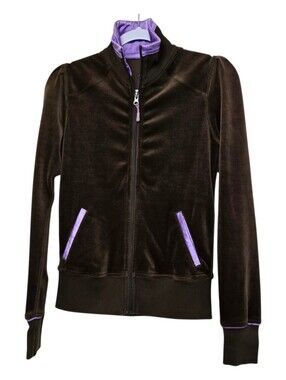 Lululemon Brown Velour Zip-Up Jacket with Lavender Satin Trim Y2K Luxe Casual